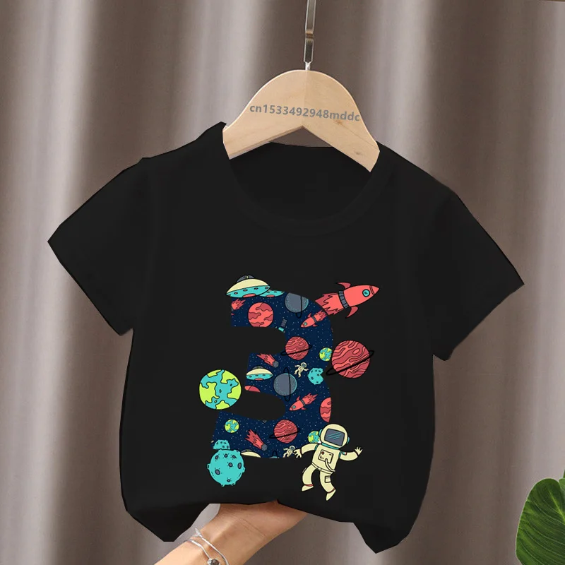 Space and Astronauts Print Birthday Number Bow Kids T shirt 1 2 3 4 5 6 7 8 9 Years Girls Clothes Funny Baby Boys Gift T-Shirts