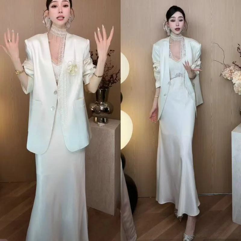 

Young Profional Satin Suit Dr Set Lightweight Ele Evening Gown Coat Younger Career Women's Skirt Suit