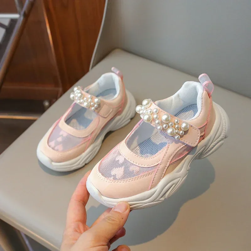 

Children's Sneakers New Mesh Sports Shoes Spring Autumn Girls Fashion Shallow Breathable Pearl Tennis Kids Causal Flats