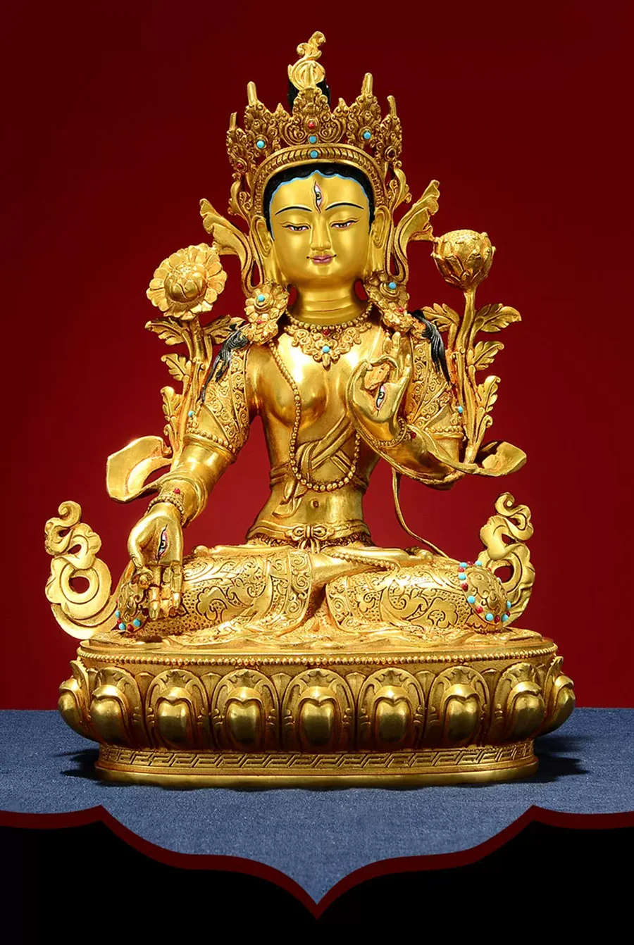 White Tara White Doluo Guanyin Statue, Gilded Brass Bodhisattva Figurine, Hand-Chiseled Tibetan Buddhist Altar Decor, Home Templ
