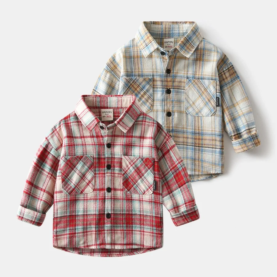 

HoneyCherry Korean-Style Children's Plaid Shirts - New Autumn Long-Sleeve Tops, Kids' Double-Pocket Plaid Wide-Shoulder Shirts