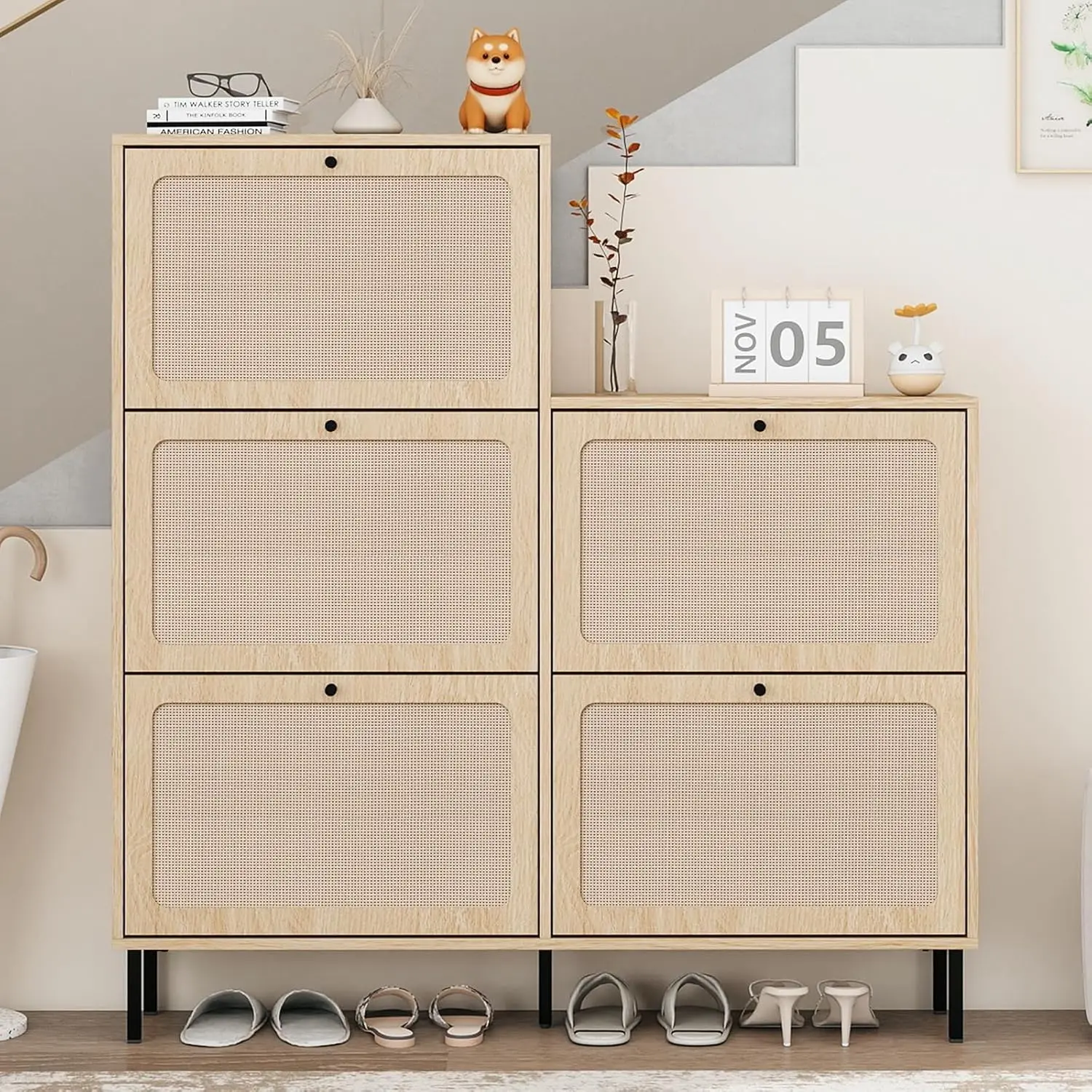

Shoe Cabinet Storage for Entryway,Rattan Shoe Storage Cabinet with 5 Flip Drawer, Boho Shoe Rack with Metal Base,Hallway,Natural
