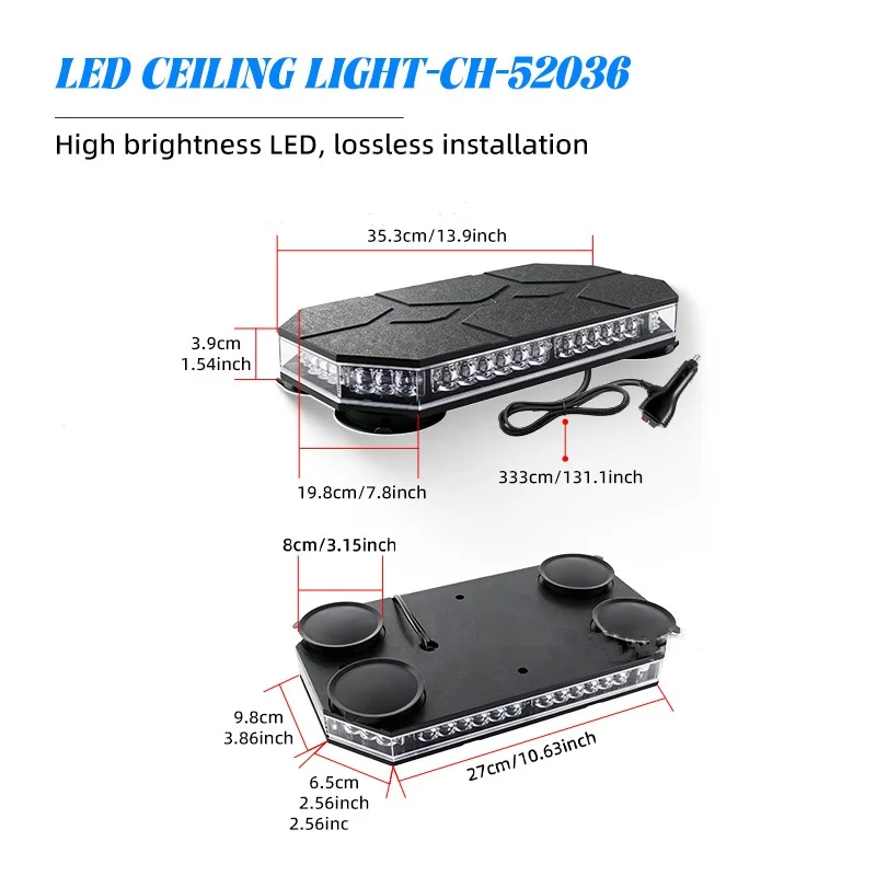 42 LED Magnetic Mount Car Warning Lamp 12V 24V Roof Top Strobe with Cigarette Lighter for Truck Snow Plow Safety Light