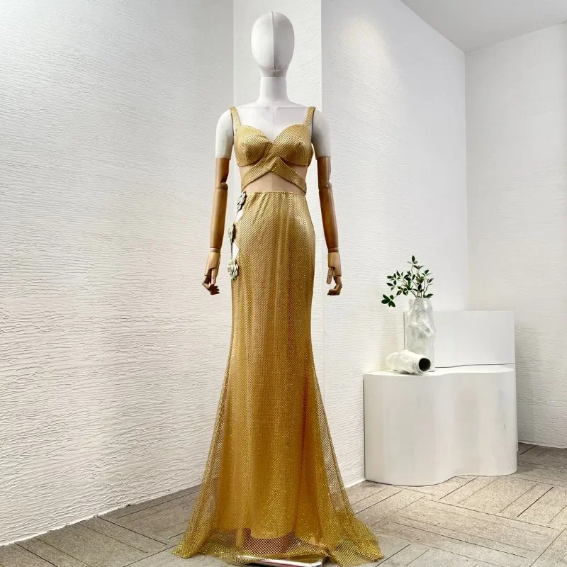 Women's Golden Diamonds Sexy High Quality V Neck 2025 Beach Style Elegant New Fashion Sleeveless Maxi Dresses for Party