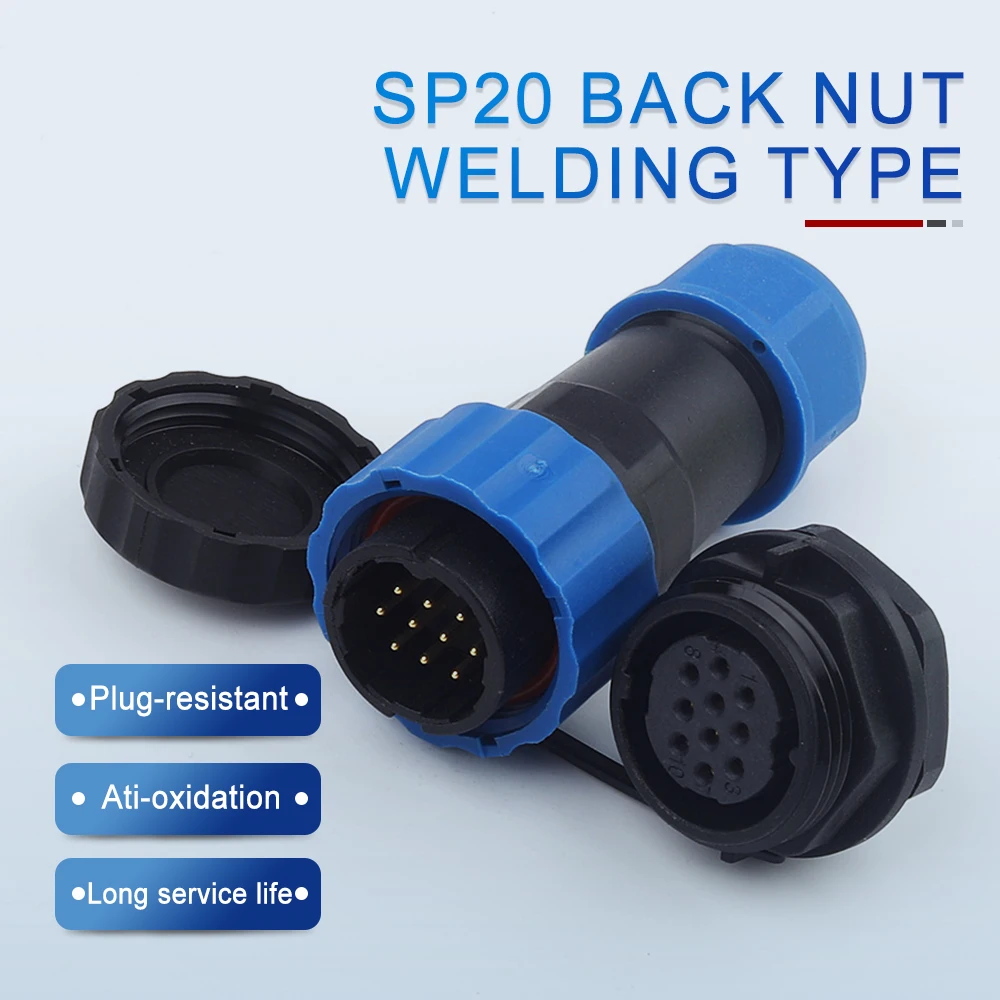 

SP20 Welding Back Nut Type Aviation Plug Socket IP68 Fast Screw Wiring Outdoor Waterproof Connector 1/2/3/4/5/6/7/9/10/12/14 Pin