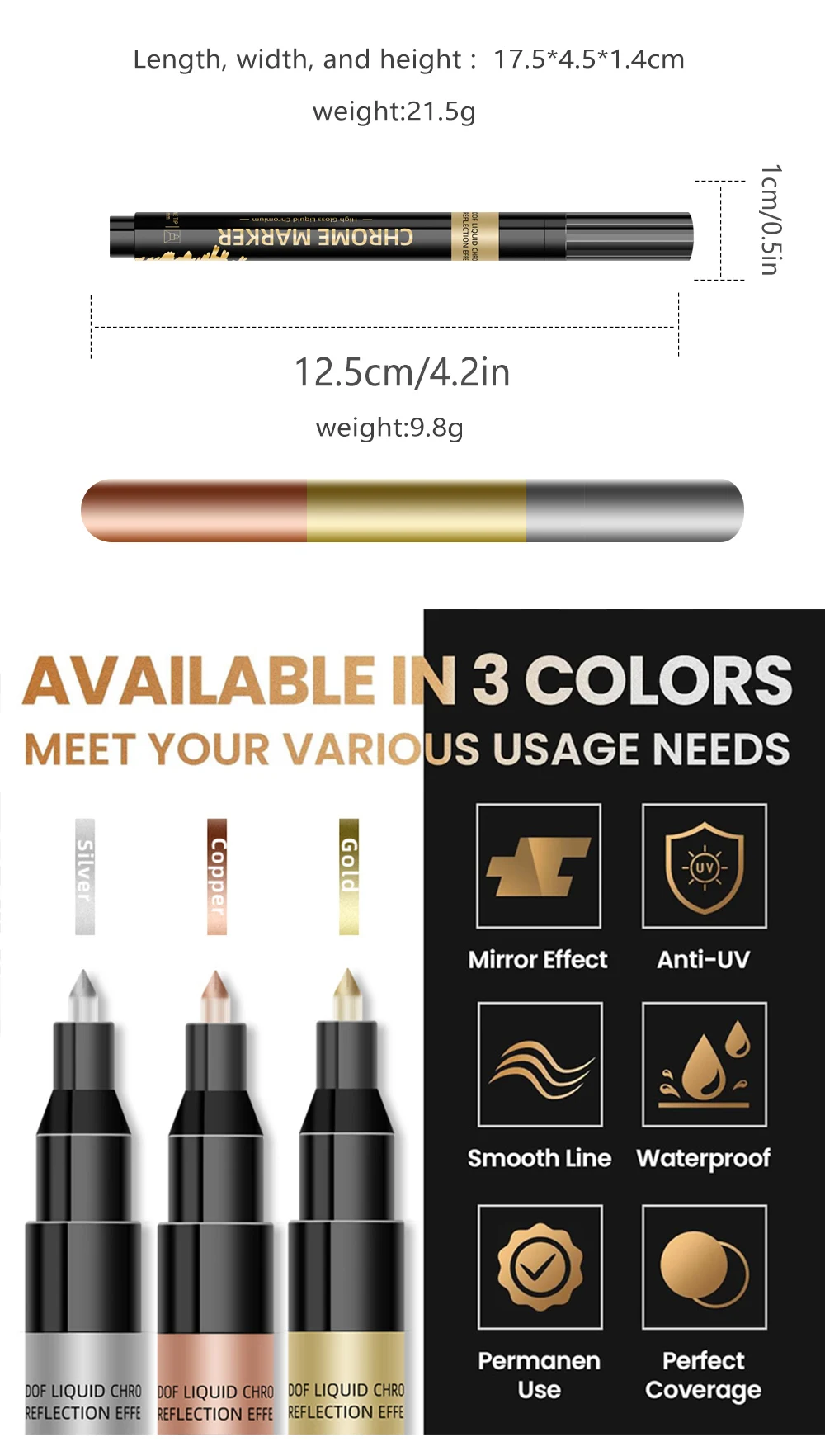 1 Stück Chrom Spiegel Markierung stift 0,7mm 1mm 2mm DIY reflektierende Farbe Stift permanent Gold Silber Kupfer Marker Modell Malerei Markierung – Detail 4