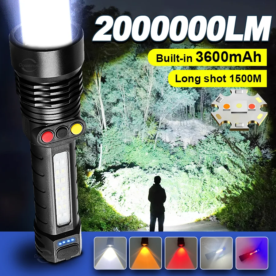 

Мощный белый/красный/желтый светодиодный фонарик, мощный перезаряжаемый фонарик COB с боковым освещением для наружного кемпинга, пешего туризма