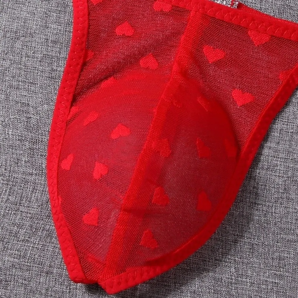 Thin Mesh Men Hollow Thongs Love Heart Print Low Waist Male Transparent Briefs Lingerie Bulge Pouch Men's Sheer Panties