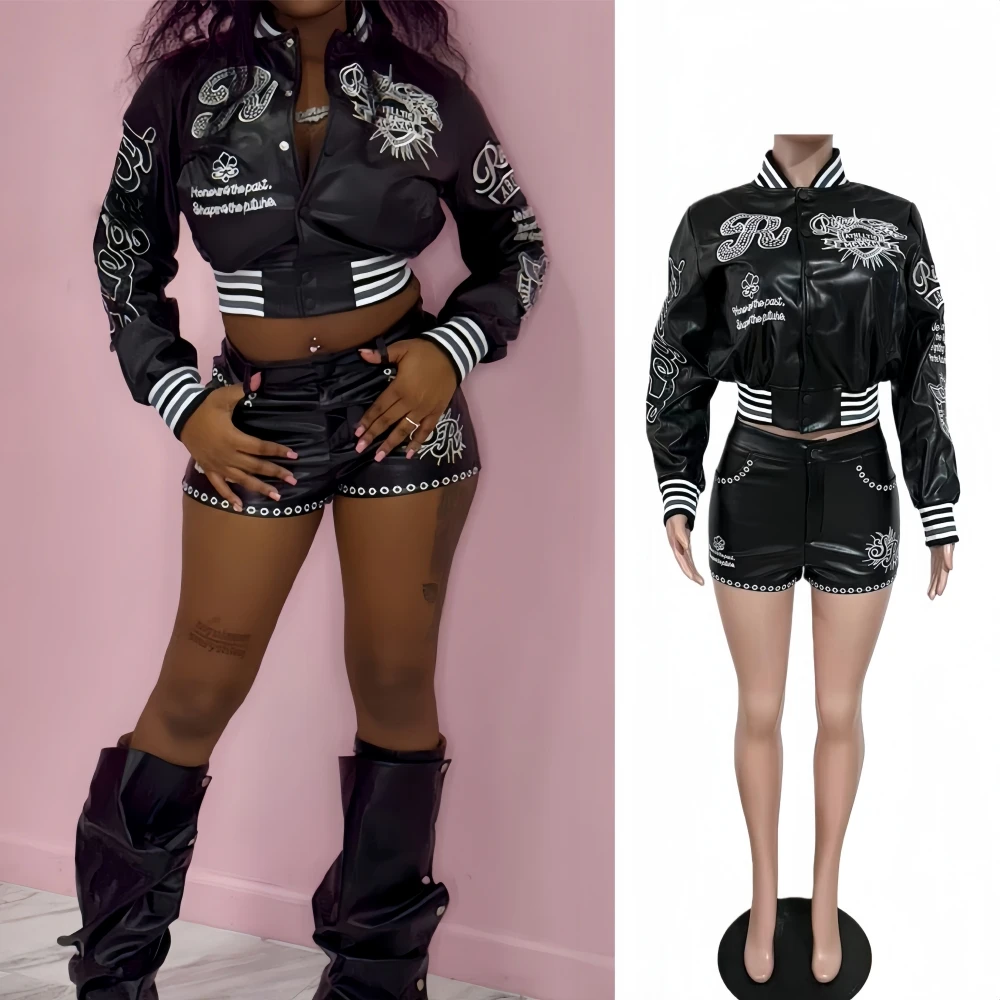 

FAGADOER Fashion Letter Embroidery Two Piece Outfits Woman Long Sleeves Leather Patchwork Crop Top and Shorts Female Streetwear