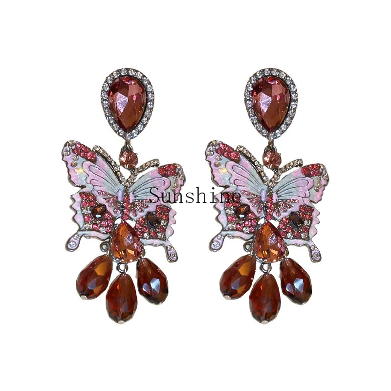 

Silver Needle Diamond Butterfly Crystal Fringed Earrings Retro Light Luxury Earrings