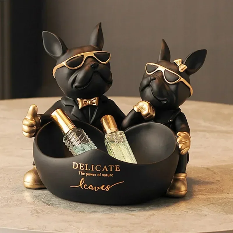 Low Luxury Lover Bulldog Statue with Bowl Key Storage Box Jewelry Resin Home Decoration Dining Table and Office Table Decoration