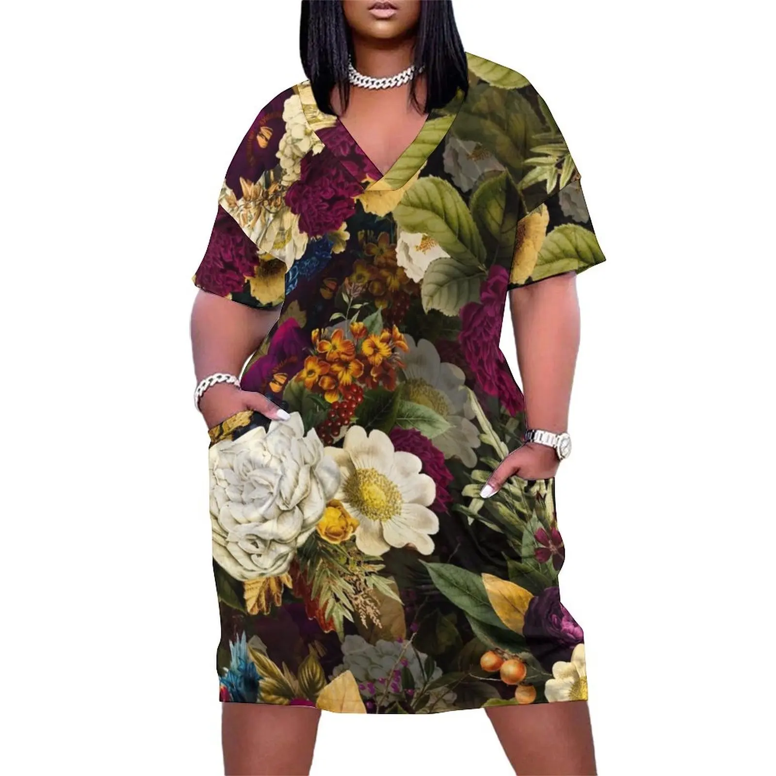 

Mystical night IV Botanical Night Garden Loose Pocket Dress purple dress