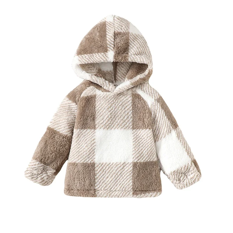 Kids Plaid Fleece Hoodies Boys Girls Long Sleeve Contrast Color Sherpa Hood Pullover