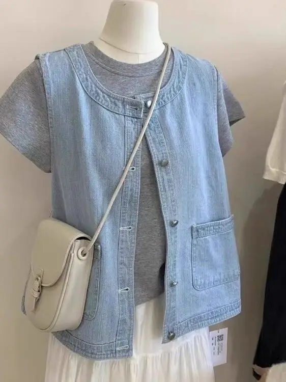 

Повседневный джинсовый жилет, женский круглый жилет, новинка лета 202, корейский универсальный открытый кардиган, тонкий топ на одной пуговице