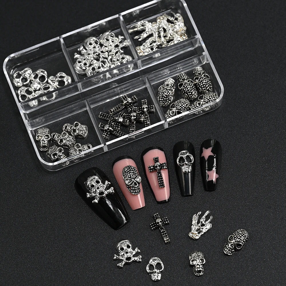 30 unids/caja 3D gótico Halloween dijes de uñas Punk esqueleto Cruz araña decoración de uñas DIY accesorios de manicura oscura espeluznante 1