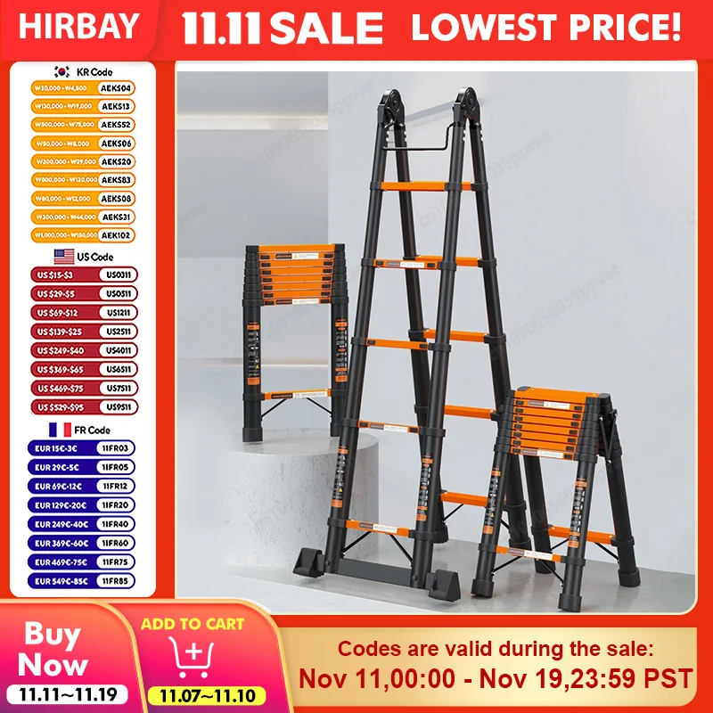 سلم تمديد من الفولاذ الكربوني سلم تلسكوبي عالي التحمل قابل للطي متعدد الأغراض مع أقدام مضادة للانزلاق للاستخدام الداخلي والخارجي