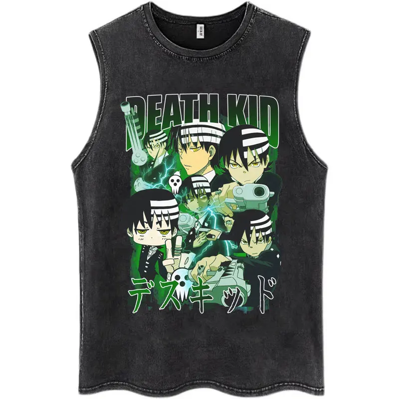 Anime Soul Eater Death The Kid Vintage Washed Sports Vest Cotton Sleeveless Men's T-shirt Hip-hop Gym Clothing Tank Top Summer
