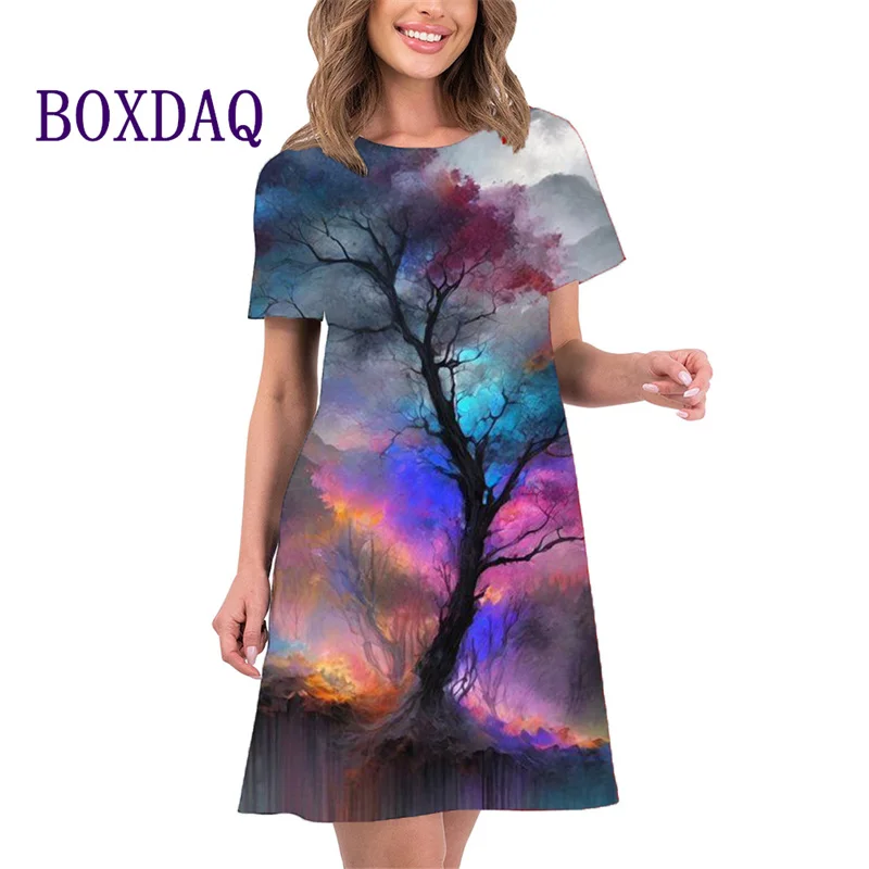 Vintage Oil Painting Women Dress New Spring Summer Short Sleeve O-Neck Loose Casual Ladies Mini Dresses Streetwear Clothing 2024