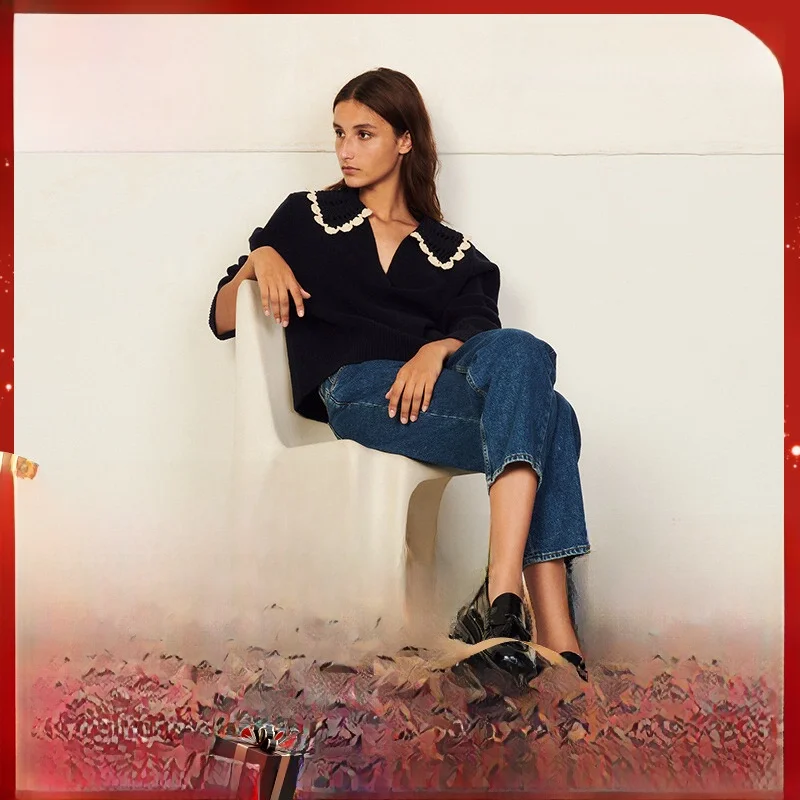 

MaSandeS Doll Collar Knitted Sweater Embelliment Ladylike Commute Sle Long Sve Regular Fit Pure Color Knitwear