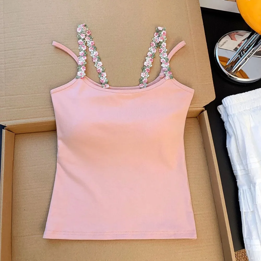 

With Chest Cushion Flower Shoulder Strap Vest Embroidery Slim Fit Korean Corset Women Solid Color Sleeveless Suspender Vest