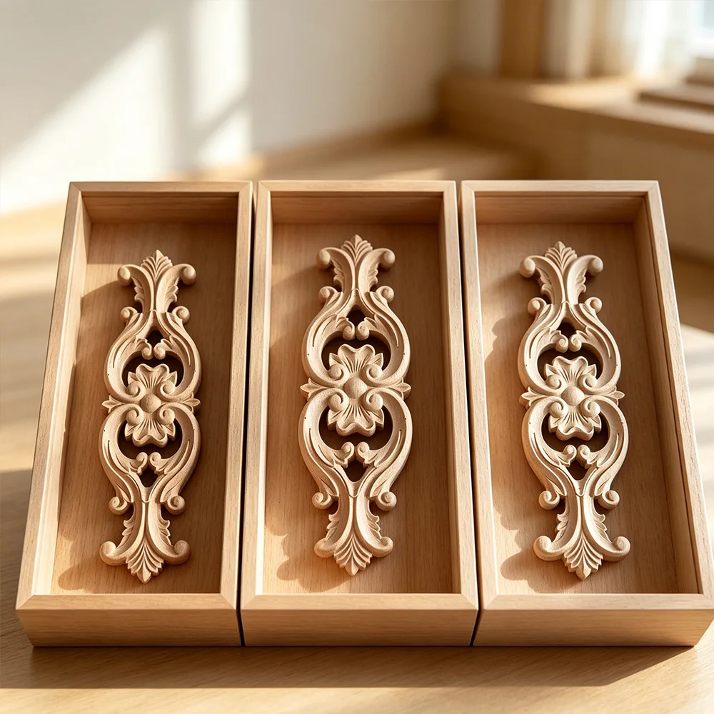 5/10PCS Long Woodcarving Decal Corner Wood Carved Corner Wall Door Furniture Decorative Figurine Wooden Miniature Home Decor