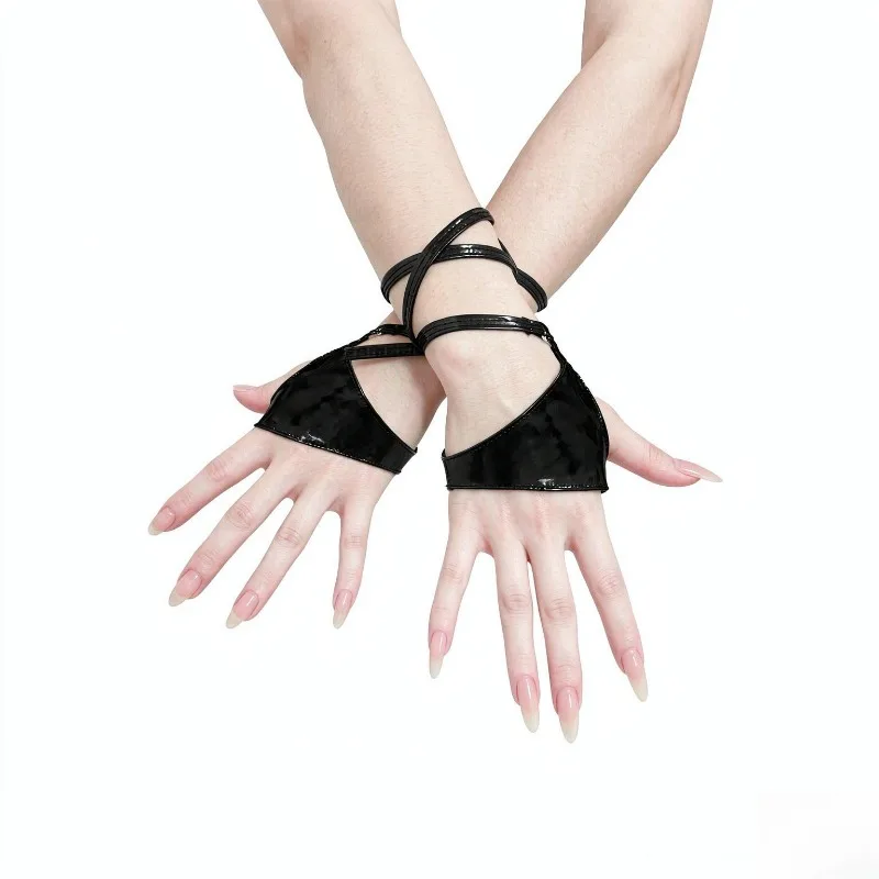 Sexy Red Patent Leather Gloves Women Lace Up Cross Tied Half Finger Fingerless Gloves Party Clubwear Cosplay