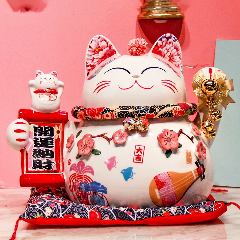 سيراميك Maneki Neko Lucky Cat - تمثال قطة الحظ على الطراز الياباني للمنزل ومدخل المتجر والبهو وديكور المكتب