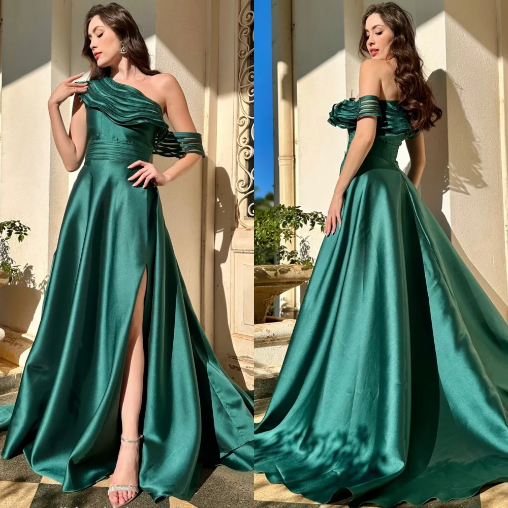 

Customized Exquisite Simple Charmeuse Pleat A-line Off-the-shoulder Long Dresses Bespoke Occasion Matching