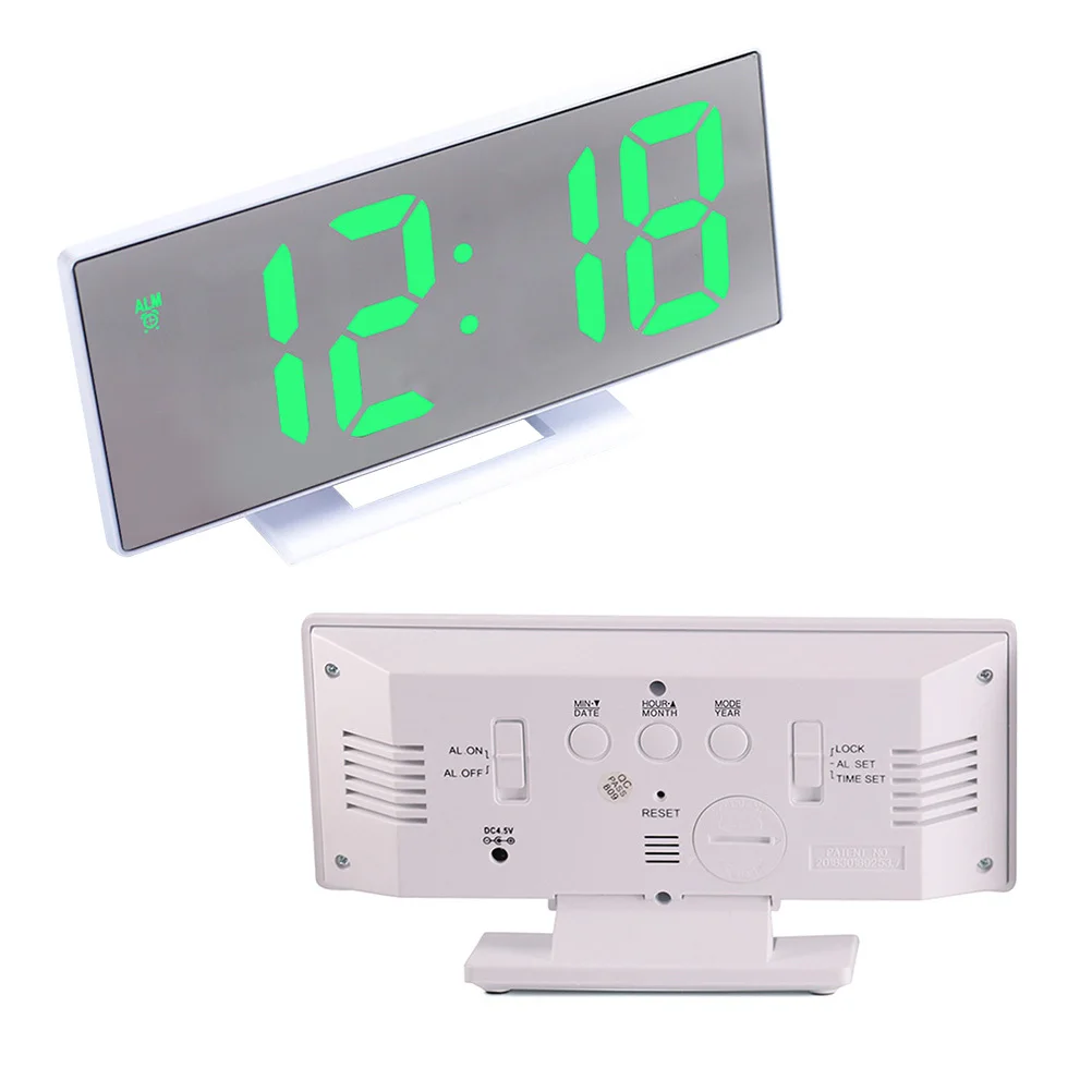 

LED Large Screen Alarm Clock White Shell Mirror Digital Display Date Temperature Alarm Bedside Electronic Watch