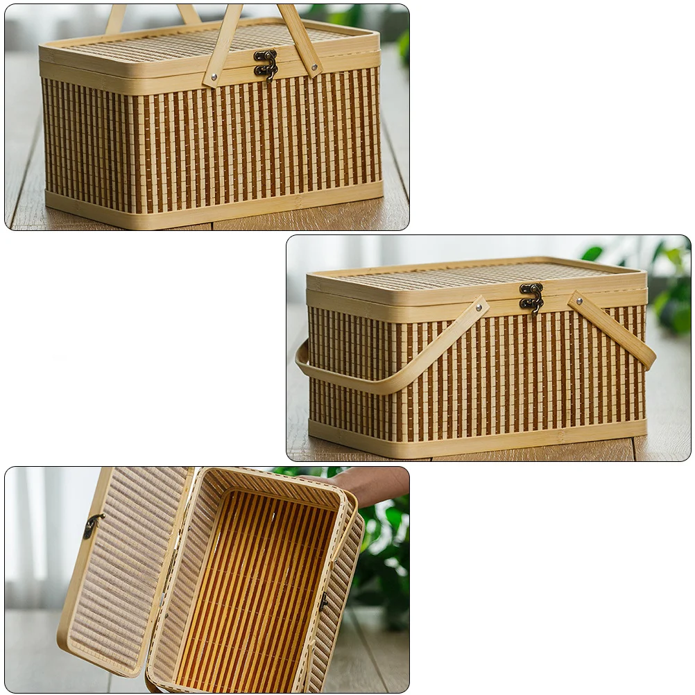 

1pc Hand Made Bamboo Basket Wood Color Gift Storage Basket For Moon Cake Zongzi Dried Fruit Egg Crab Portable Organizer