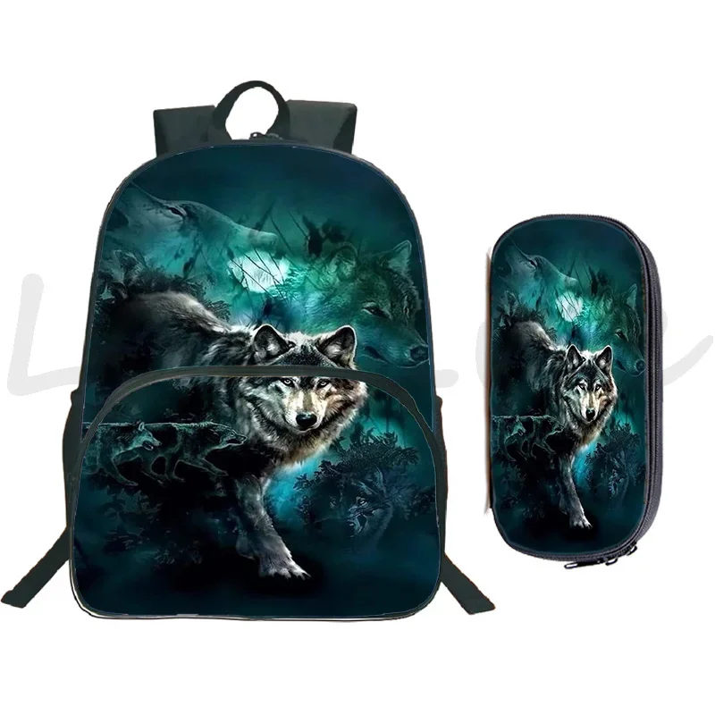 Mochila con estampado de Lobo y Animal para niños y niñas, Juego de 2 piezas con bolsa para bolígrafos, mochilas escolares de gran capacidad, mochila de viaje para ordenador portátil