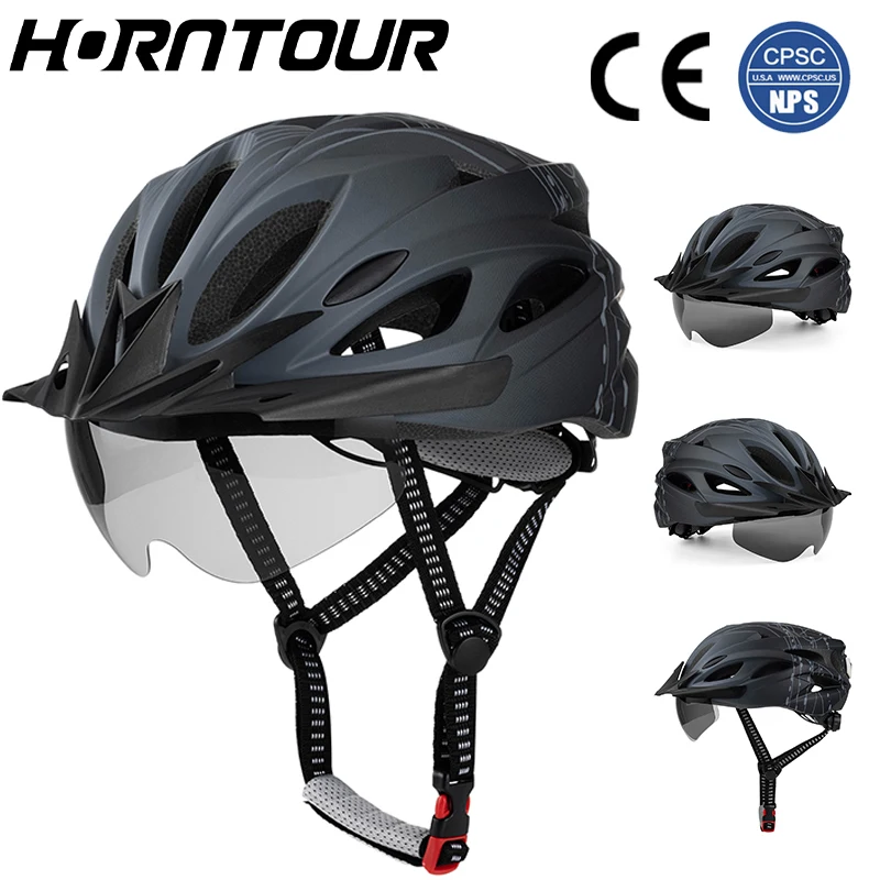 

Horntour Adult Bicycle Helmet with Magnetic Goggles Sun Visor Taillights Breathable Bike Helmet Mountain Road Cycling Helmets