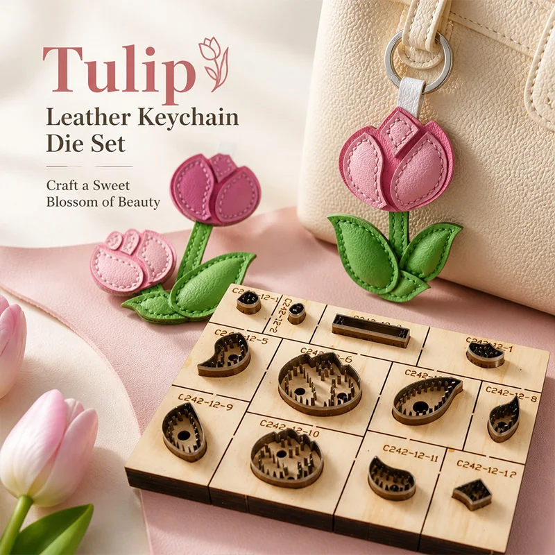 C242 Tulip Leather Cutting Die Sturdy 3D Design Handmade Leather Goods DIY Keychain Wood Die Mold with Petal And Leaf Set