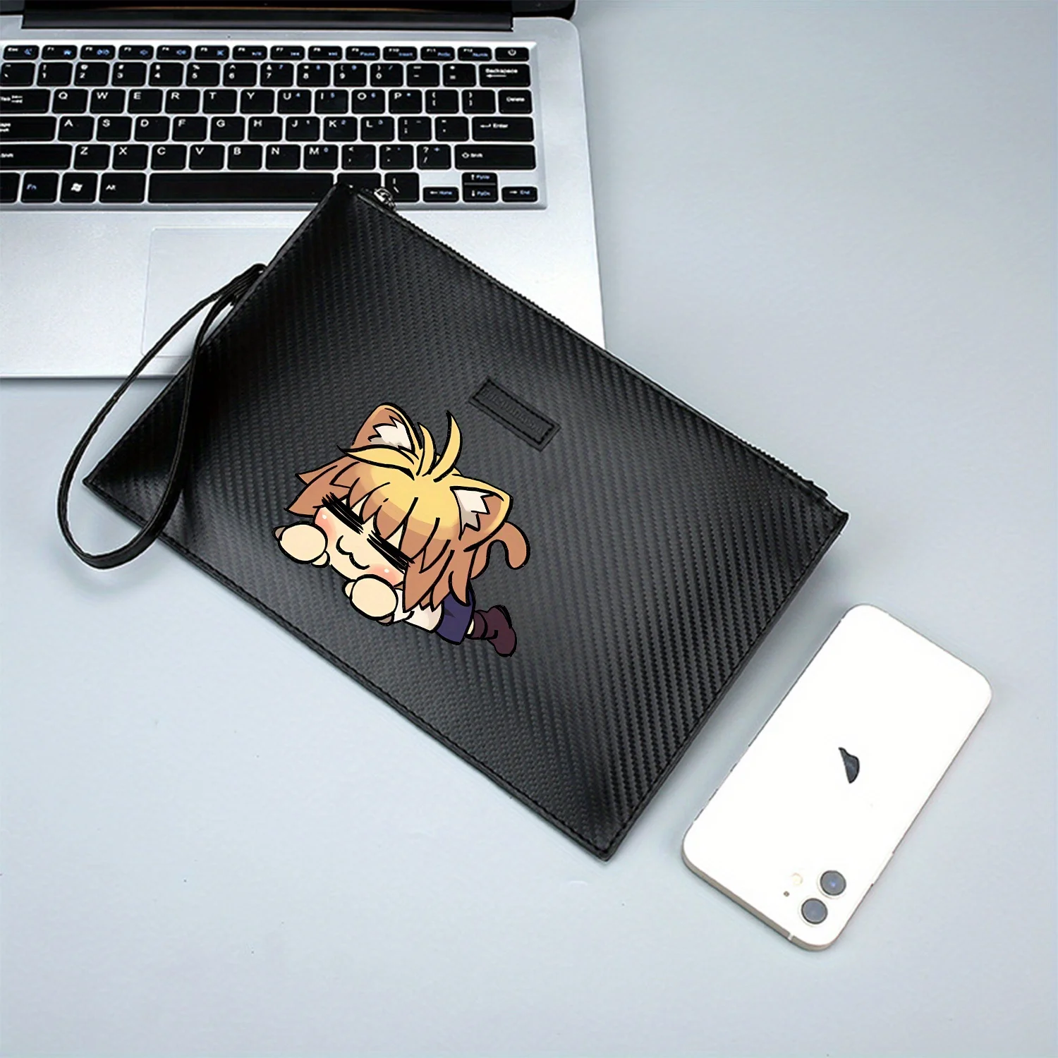 آذان قطط لطيفة، وجه مبتسم، حقيبة يد رجالية من البولي يوريثان مطبوعة بشكل لطيف، عصرية وعملية للحمل اليومي #2