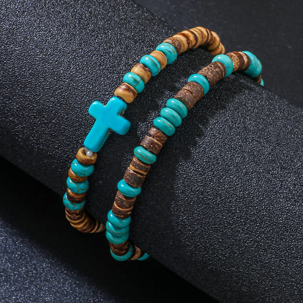 

2 Pack Bohemian Wood Beads Handmade Wrap Turquoise Cross Accessory Women Men Fashion Bracelet Jewelry