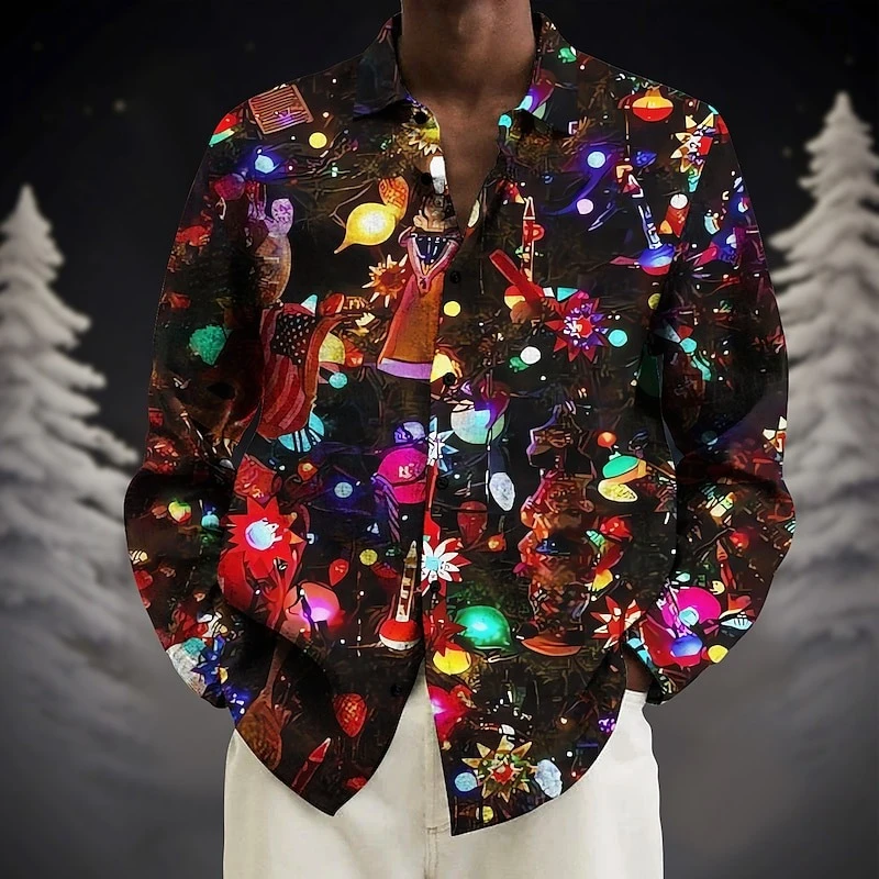 Color Flashing Lights Shirt Men's Clothing 3D Print Colorful Graphic Long Sleeve Lapel Button Shirts Fashion Music Party T Shirt