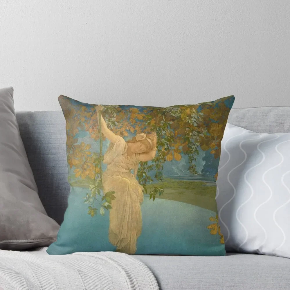 Maxfield Parrish. Daydreams_girl on a swing. Throw Pillow Sofa Pillow Cover Plaid Sofa autumn pillowcase pillow