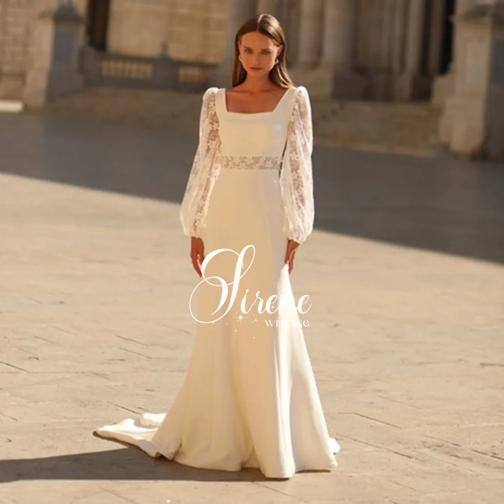 

Sirene Elegant Square Collar Sheath Wedding Dresses Long Lantern Sleeves Lace Appliques Modern Bride Gowns Spandex Sweep Train