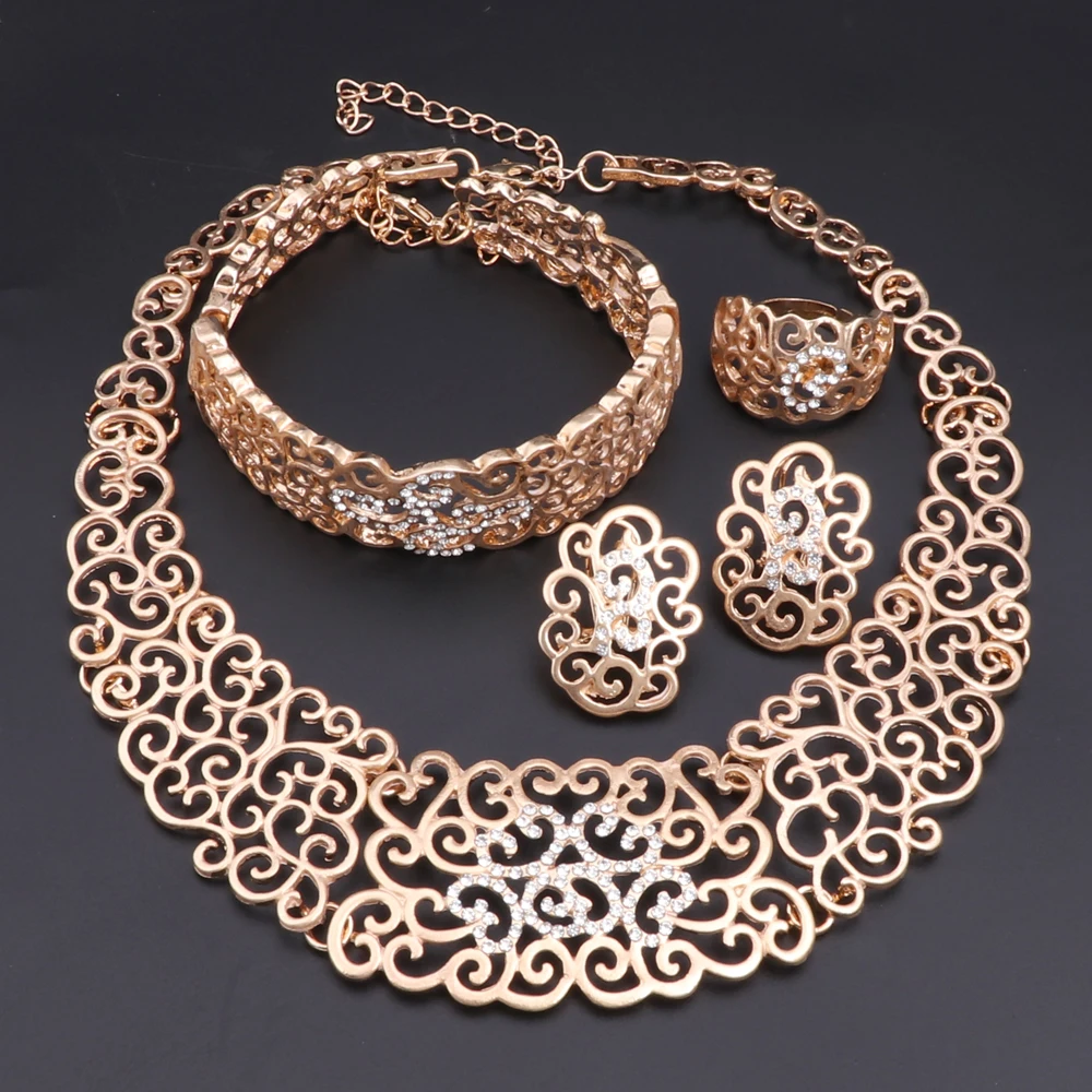 Italian Jewelry Set Dubai Gold Color High Quality Ladies Hollow Necklace Earrings Bracelet Rings Banquet Wedding Jewelry