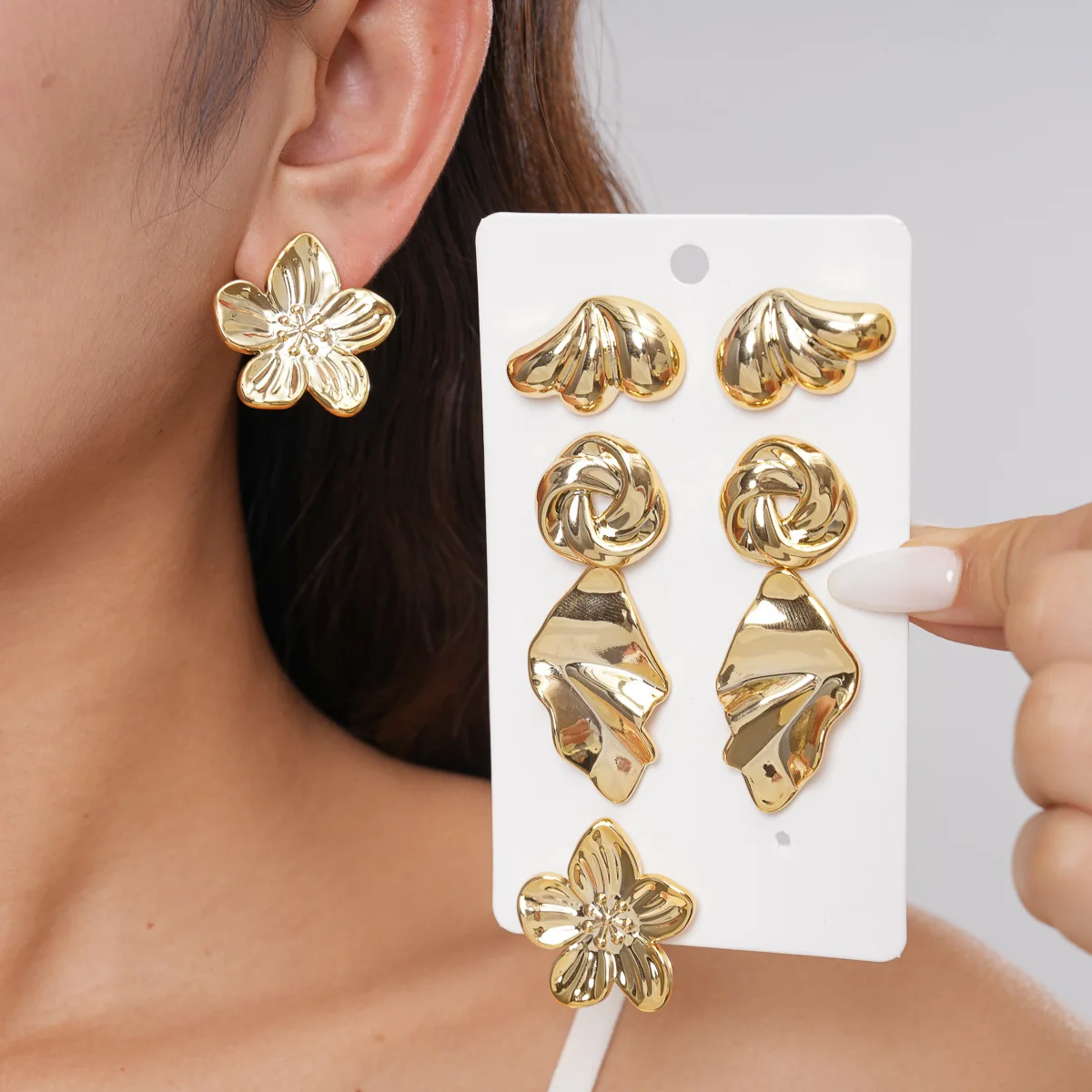 Metallic Flower Stud Earrings Multi Pack Twisted Knot Shell Dangle Jewelry Vintage Glamour Party Dress Up Ear Accessories