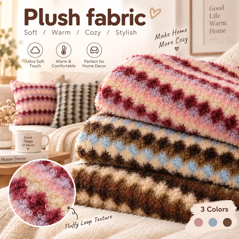 100cm Lamb Fleece Wheat Ear Printed Fabric Striped Cashmere Feel Cloth for Autumn Winter Coat DIY Sewing Pet Nest Making - view 6