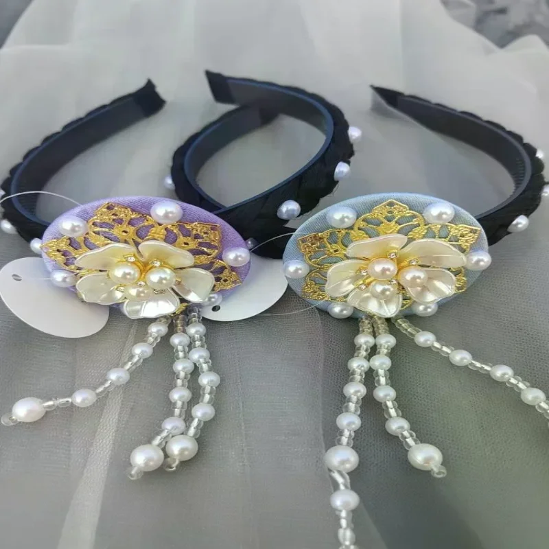 Diadema coreana con perlas y flores, diadema Hanbok, borlas a la moda, tocado tradicional, aro para el pelo para baile en escenario para mujer