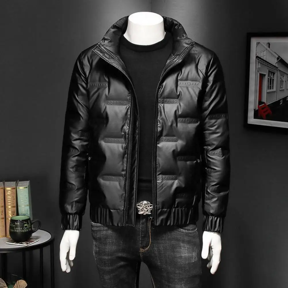 Men Down Cotton Jacket Autumn Winter Long Sleeves Stand Collar Coat Cuffed Zipper Casual Shiny Warm Male Short Coat