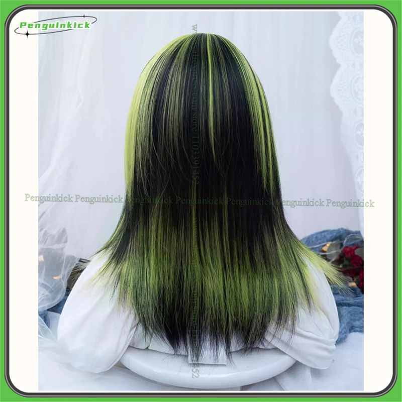 Women Straight Mullet Synthetic Wig Highlight Bangs Black Mixed Purple Green Hair Adult Lolita Simulated Scalp Heat Resistant JK