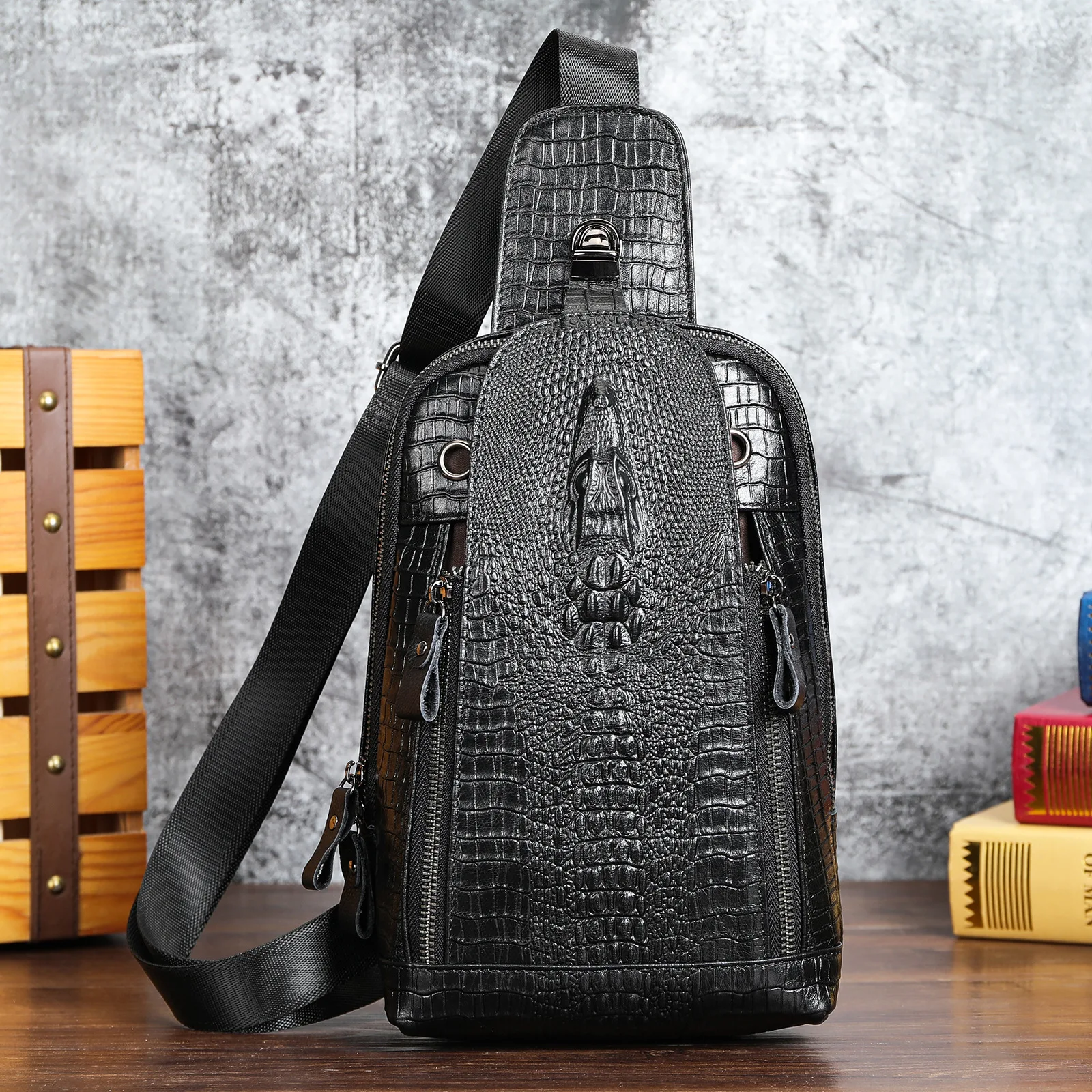 الرجال النساء التمساح نمط حقيبة كتف جلد البقر الحقيقي الترفيه في الهواء الطلق رسول حقائب كروسبودي حبال الصدر حزمة للجنسين #4