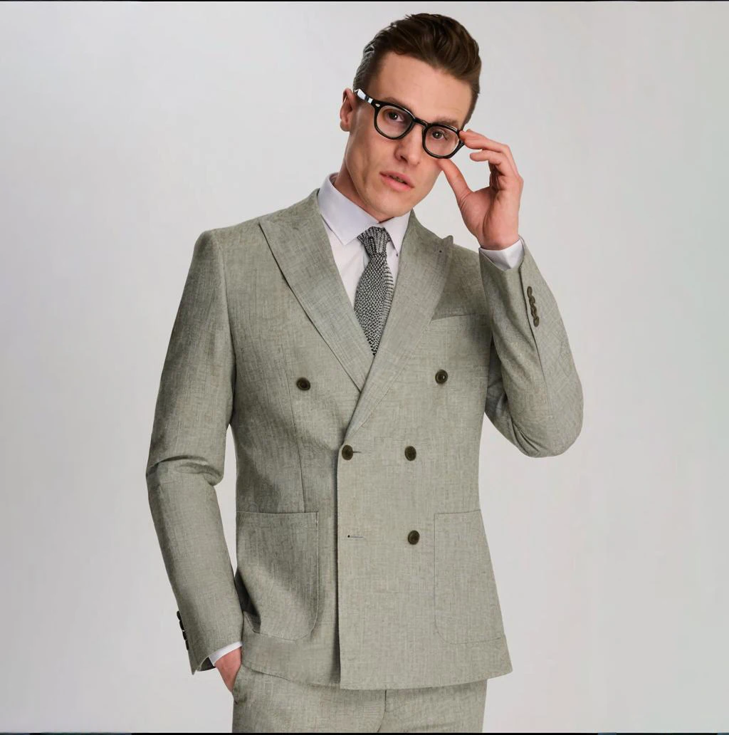 

Двубортный костюм из хлопка и льна, мужской комплект из 2 предметов, элегантный пиджак, свадебный банкетный костюм, деловая одежда на заказ