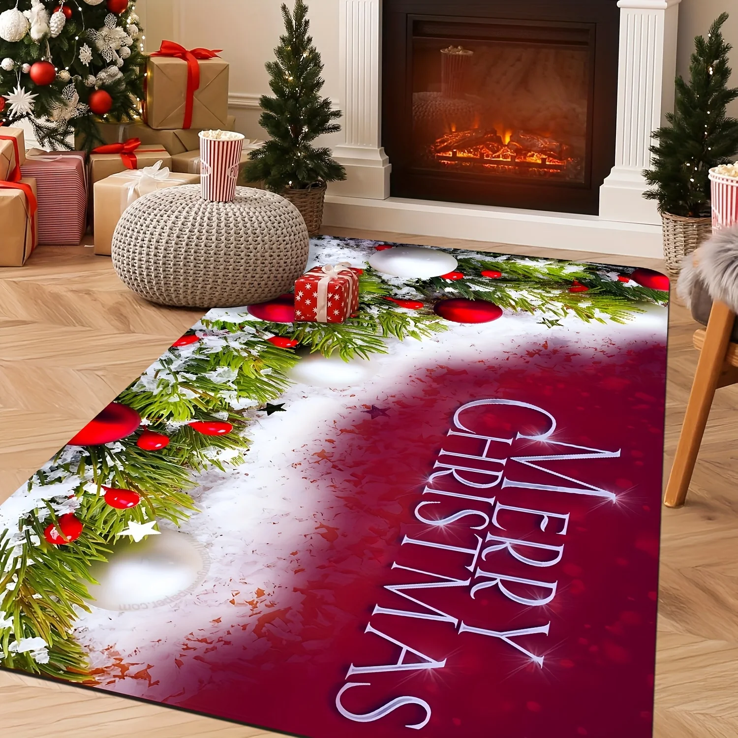 1pc 2D Flat Merry Christmas Pine Branch Bauble Snow Berry Printed Floor Mat, Decorative Rug for Living Room, Bedroom, Home