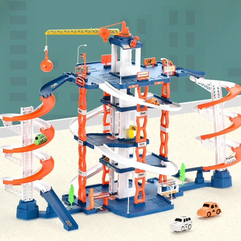 Construcción de estacionamiento de ciudad de ferrocarril grande, estacionamiento artesanal multicapa, ranura de montaje artesanal, pista de carreras de aventura, regalos para niños
