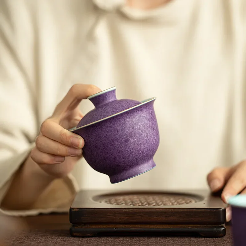 Chinese Jingdezhen Kiln Purple Jun Covered Bowl Ceramic Tea Set Thin Body Crystal Covered Bowl Tea Bowl Not Hot Kung Fu Tea Set