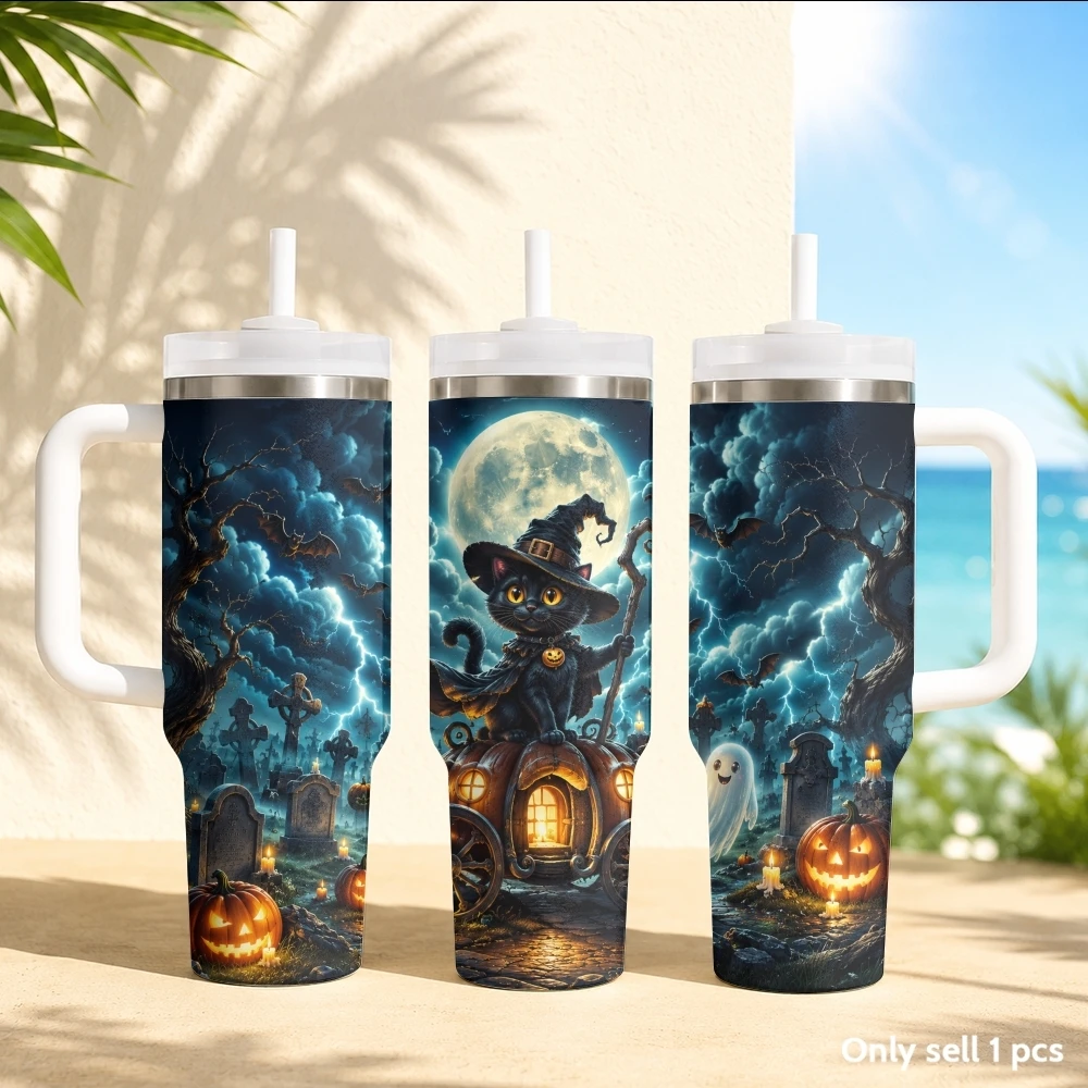 Halloween Grave Map Pattern Vacuum Flasks 40oz Stainless Steel Insulated Tumbler with Handle & Straw Leakproof Travel Mug